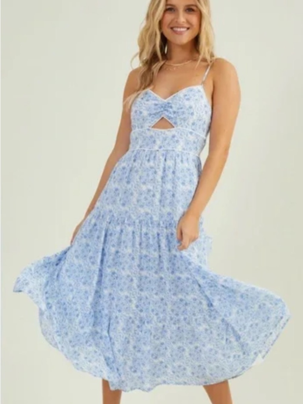 Trixxi Blue and White Midi Dress with Spaghetti Straps